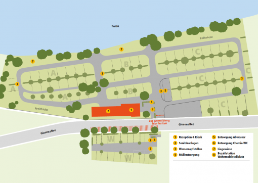 Grafischer Übersichtsplan des Campingplatzes mit Parzellenaufteilung und einer Legende