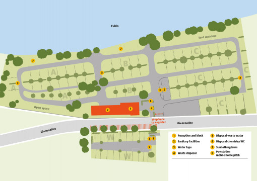 Graphical overview map of the campsite with plot layout and a legend